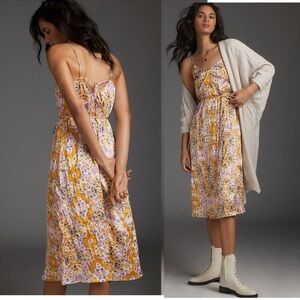 New Anthropologie Tanya Crinkle Slip Floral Gold Midi Dress